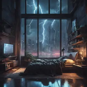 Beautiful cozy bedroom with floor to ceiling glass windows overlooking a cyberpunk city at night, thunderstorm outside with torrential rain, High Resolution, Highly Detailed, Darkwave, Gloomy by WLOP