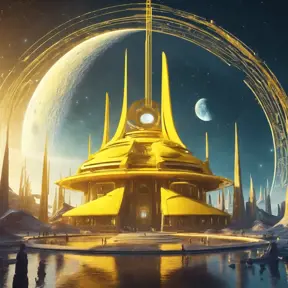 Cosmic round beautiful yellow temple in the center of a futuristic community. Extraterrestrial landscape. Planet sirius. The moon and stars can be seen in the sky even during the day., Sci-Fi, Volumetric Lighting, Vibrant Colors by WLOP