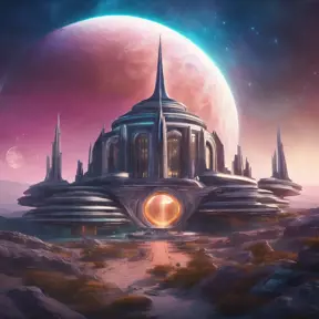 Cosmic round beautiful temple in the center of a futuristic community. Extraterrestrial landscape. Planet sirius. The moon and stars can be seen in the sky even during the day., Sci-Fi, Volumetric Lighting, Vibrant Colors by Stanley Artgerm Lau