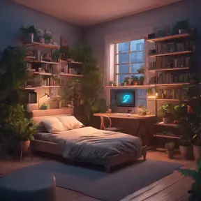 Nostalgic bedroom with a gaming pc, windows, plants bookshelves, desk, 3d art, muted colors, perfect lighting, night time, Highly Detailed, Behance, Isometric, 3D Rendering, Concept Art by Stanley Artgerm Lau