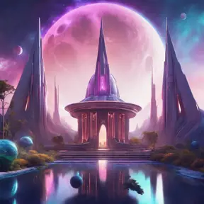 Cosmic round beautiful temple in the center of a futuristic community. Extraterrestrial landscape. Planet sirius. The moon and stars can be seen in the sky even during the day., Sci-Fi, Volumetric Lighting, Vibrant Colors by Stanley Artgerm Lau