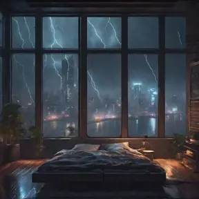 Beautiful cozy bedroom with floor to ceiling glass windows overlooking a cyberpunk city at night, thunderstorm outside with torrential rain, High Resolution, Highly Detailed, Darkwave, Gloomy by WLOP