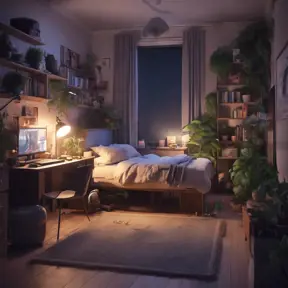 Nostalgic bedroom with a gaming pc, windows, plants bookshelves, desk, 3d art, muted colors, perfect lighting, night time, Highly Detailed, Behance, Isometric, 3D Rendering, Concept Art by WLOP