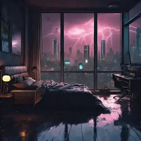 Beautiful cozy bedroom with floor to ceiling glass windows overlooking a cyberpunk city at night, thunderstorm outside with torrential rain, High Resolution, Highly Detailed, Darkwave, Gloomy by Greg Rutkowski