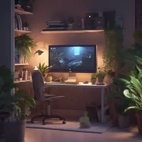 Nostalgic bedroom with a gaming pc, windows, plants bookshelves, desk, 3d art, muted colors, perfect lighting, night time, Highly Detailed, Behance, Isometric, 3D Rendering, Concept Art by WLOP