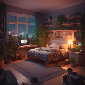 Nostalgic bedroom with a gaming pc, windows, plants bookshelves, desk, 3d art, muted colors, perfect lighting, night time, Highly Detailed, Behance, Isometric, 3D Rendering, Concept Art by Stefan Kostic