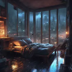 Beautiful cozy bedroom with floor to ceiling glass windows overlooking a cyberpunk city at night, thunderstorm outside with torrential rain, High Resolution, Highly Detailed, Darkwave, Gloomy by Stanley Artgerm Lau