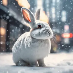 Thin lightweight light cute fluffy rabbit in a snowy Tokyo city street, 8k, Award-Winning, Highly Detailed, Minimalism, Stunning, Wallpaper, Cinematic Lighting