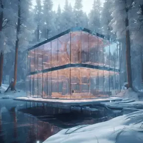 Beautiful futuristic architectural bright glass house in the forest on a giant frozen lake, 8k, Award-Winning, Highly Detailed, Beautiful, Epic, Octane Render, Unreal Engine, Radiant, Volumetric Lighting