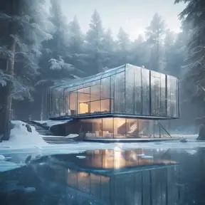 Beautiful futuristic architectural bright glass house in the forest on a giant frozen lake, 8k, Award-Winning, Highly Detailed, Beautiful, Epic, Octane Render, Unreal Engine, Radiant, Volumetric Lighting by Stanley Artgerm Lau