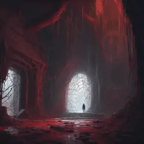 Detailed illustration of dark dungeon, dystopian texture architecture, blood walls, spiders, and cobwebs, 8k, Hyper Detailed, Trending on Artstation, Epic, Deviantart, Beautifully Lit by Alena Aenami