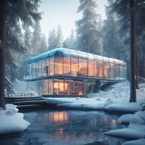 Beautiful futuristic architectural bright glass house in the forest on a giant frozen lake, 8k, Award-Winning, Highly Detailed, Beautiful, Epic, Octane Render, Unreal Engine, Radiant, Volumetric Lighting by Greg Rutkowski