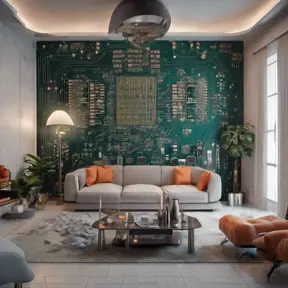 Imagine a modern and technology-inspired living room with a unique twist. The centerpiece of the room is a striking circuit board interior wallpaper that covers one wall. The wallpaper features intricate circuit board diagrams, electronic symbols, and vibrant metallic tones, Vintage Illustration, Retro-Futurism, Sci-Fi by WLOP