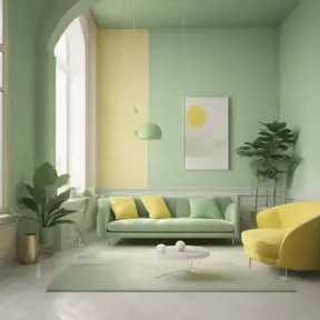 Muted tones of pastel green and yellow interior design, evoking a sense of calmness, endless muse, Minimalism, Digital Art, 3D art, Elegant by Stefan Kostic