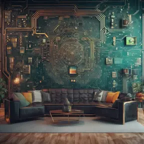 Imagine a modern and technology-inspired living room with a unique twist. The centerpiece of the room is a striking circuit board interior wallpaper that covers one wall. The wallpaper features intricate circuit board diagrams, electronic symbols, and vibrant metallic tones, Vintage Illustration, Retro-Futurism, Sci-Fi