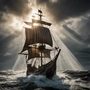 Pirate viking ship sailing north east in rough seas, Wide Angle, Crepuscular Rays