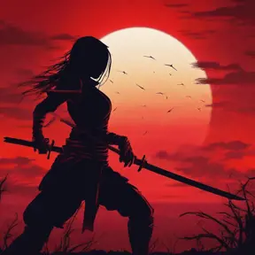 Silhouette of a ninja assassin with her drawn daggers in front of a red sunset, Ambient Lighting, Fantasy, Dark