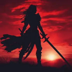 Silhouette of a warrior with her swords drawn in front of a red sunset, Ambient Lighting, Fantasy, Dark