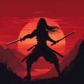 Silhouette of a ninja assassin with her drawn daggers in front of a red sunset, Ambient Lighting, Fantasy, Dark