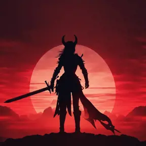 Silhouette of a warrior with her swords drawn in front of a red sunset, Ambient Lighting, Fantasy, Dark