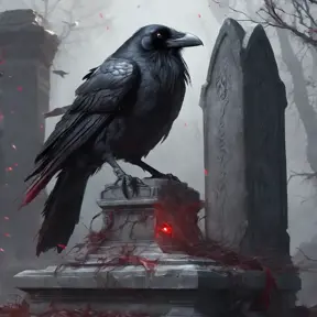 Raven sitting on an old decayed gravestone, red eyes, glowing feathers, 8k, Intricate Details by Stanley Artgerm Lau