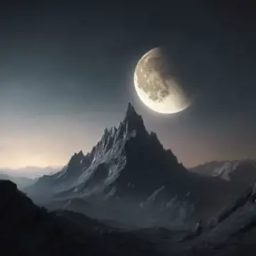 Mountain surreal moon, Award-Winning, Volumetric Lighting, Fantasy, Dark by Greg Rutkowski