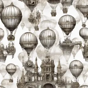 White steampunk hot air balloons with gears, Victorian style Ancient buildings, archeological ruins of lost civilizations and technology, Steampunk, Iridescence