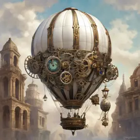 White steampunk hot air balloon with gears, Victorian style Ancient buildings, archeological ruins of lost civilizations and technology, Steampunk, Iridescence by Greg Rutkowski