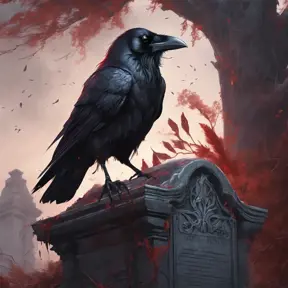 Raven sitting on an old decayed gravestone, red eyes, glowing feathers, 8k, Intricate Details by Stanley Artgerm Lau