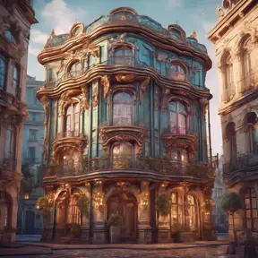 Art nuveau exterior fantasy colorful building office space futuristic rococco baroques victorian, 8k, Highly Detailed, Masterpiece, Vintage Illustration, Cinematic Lighting, Photo Realistic, Sharp Focus, Smooth, Octane Render, Digital Art by Stefan Kostic