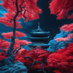 volcano japanese garden and trees, red and blue, captured using infrared photography, 8k, Sharp Focus, Smooth, Landscape by Stefan Kostic