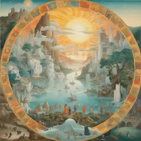 The image presents a fantastical, circular landscape that seamlessly transitions through the seasons as well as times of day, unified by a radiant central sun. The composition is a meticulous symphony of natural elements - towering ice cliffs, lush forests, and tranquil waters - juxtaposed with a multitude of human figures engaged in various activities suggestive of harmony with nature. Colors range from the cool blues and whites of winter to the warm autumnal golds and fiery tones suggesting summer, while the lighting is masterful, varying from the soft glow of dawn to the vivid brightness of noon and the gentle twilight. Please note that while I strive to describe the image accurately, my description may not fully capture the vibrancy or the subtle nuances of the artwork., 4k by Stanley Artgerm Lau