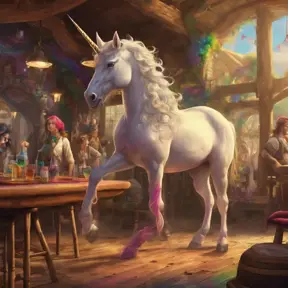 A unicorn and a rainbow walk into a tavern on Venus, 4k