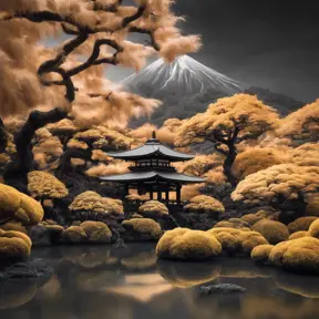 volcano japanese garden and trees, black and gold, captured using infrared photography, 8k, Sharp Focus, Smooth, Landscape by Greg Rutkowski