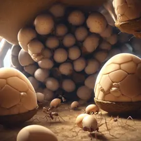 Inside a hive full of antropomorphic ant-like creatures tending to their giant eggs. The eggs are on a soft transport belt with an indentation for each egg. The room has round windows. Some newly hathed ant creatures are in a crib, 4k, Atmospheric by Stanley Artgerm Lau