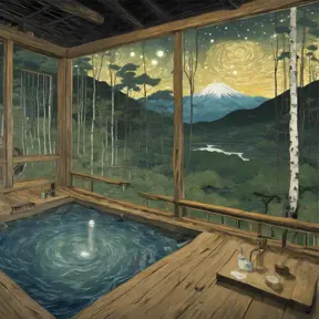 Japanese hot springs, the edge of the hot spring is made of wood, the view from the perspective of the person bathing in the hot spring, the surroundings are a white birch forest, the forest in front of you, a fox in the forest, a starry sky, the surroundings. There are no people., Matte Painting by Vincent van Gogh