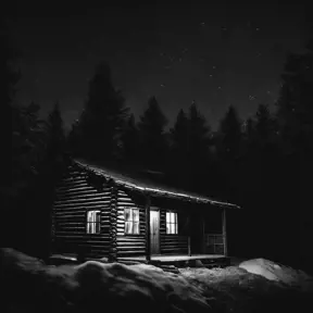 cabin in the night black background, black and white picture, only the window is lit, Dark