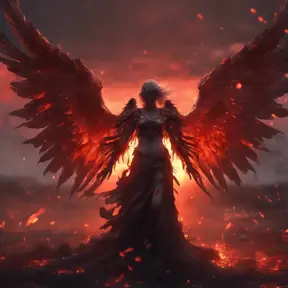 An angel with wings made of fire on a bloody battlefield with a bloodred sunset, 8k, Highly Detailed, Stunning, Volumetric Lighting, Fantasy, Dark by WLOP