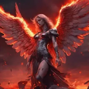 An angel with wings made of fire on a bloody battlefield with a bloodred sunset, 8k, Highly Detailed, Stunning, Volumetric Lighting, Fantasy, Dark by Stanley Artgerm Lau
