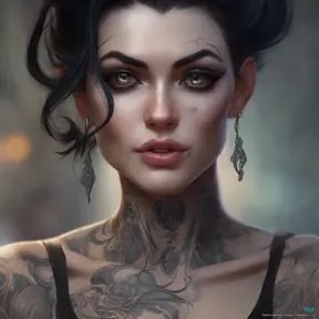 Matte portrait of Morgana with tattoos, 8k, Highly Detailed, Alluring, Artstation, Bokeh effect, Sharp Focus, Volumetric Lighting, Concept Art by Stanley Artgerm Lau, Greg Rutkowski