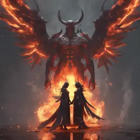An angel and a demon surrounded by fire, 8k, Trending on Artstation, Symmetrical Face, Digital Illustration, Concept Art by WLOP