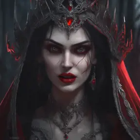 A beautiful romanian vampire woman with penetrating red bright eyes, long fangs, perfect face, 8k, Hyper Detailed, Intricate Details, Masterpiece, Contemporary, Full Body, Trending on Artstation, Gothic, Deviantart, Concept Art by WLOP