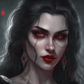 A beautiful romanian vampire woman with penetrating red bright eyes, long fangs, perfect face, 8k, Hyper Detailed, Intricate Details, Masterpiece, Contemporary, Full Body, Trending on Artstation, Gothic, Deviantart, Concept Art by Stanley Artgerm Lau