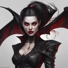 A beautiful romanian vampire woman with penetrating red bright eyes, long fangs, perfect face, 8k, Hyper Detailed, Intricate Details, Masterpiece, Contemporary, Full Body, Trending on Artstation, Gothic, Deviantart, Concept Art by Stanley Artgerm Lau