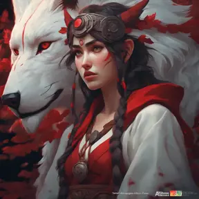 Matte portrait of the beautiful Princess Mononoke in dark red, 8k, Highly Detailed, Intricate, Realistic, Sharp Focus, Volumetric Lighting, Fantasy, Elegant by Stanley Artgerm Lau, Alphonse Mucha, WLOP, Stefan Kostic