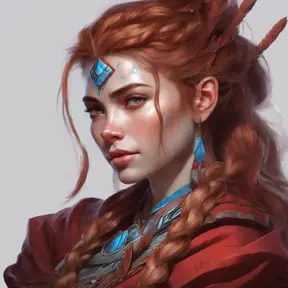 Alluring matte portrait of the beautiful Aloy in dark red, 8k, Highly Detailed, Intricate, Realistic, Sharp Focus, Volumetric Lighting, Fantasy, Elegant by Stanley Artgerm Lau, Alphonse Mucha, WLOP, Stefan Kostic