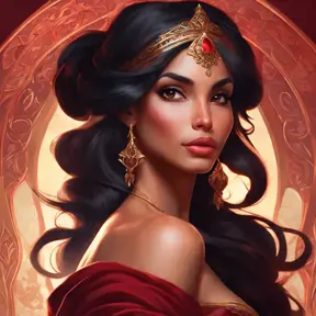 Matte portrait of the beautiful Princess Jasmine in dark red, 8k, Highly Detailed, Intricate, Realistic, Sharp Focus, Volumetric Lighting, Fantasy, Elegant by Stanley Artgerm Lau, Alphonse Mucha, WLOP, Stefan Kostic