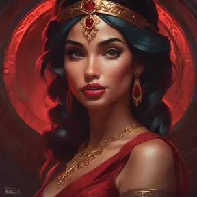 Matte portrait of the beautiful Princess Jasmine in dark red, 8k, Highly Detailed, Intricate, Realistic, Sharp Focus, Volumetric Lighting, Fantasy, Elegant by Stanley Artgerm Lau, Alphonse Mucha, WLOP, Stefan Kostic