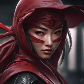 Matte portrait of a beautiful Kunoichi Ninja in dark red, 8k, Highly Detailed, Intricate, Realistic, Sharp Focus, Volumetric Lighting, Fantasy, Elegant by Stanley Artgerm Lau, Alphonse Mucha, WLOP, Stefan Kostic