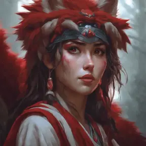 Matte portrait of the beautiful Princess Mononoke in dark red, 8k, Highly Detailed, Intricate, Realistic, Sharp Focus, Volumetric Lighting, Fantasy, Elegant by Stanley Artgerm Lau, Alphonse Mucha, WLOP, Stefan Kostic